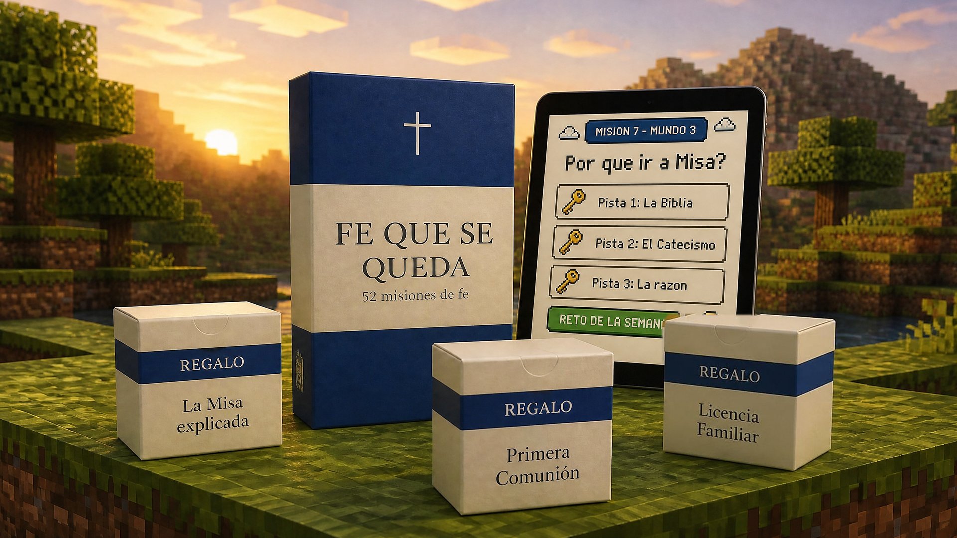 Caja de Fe que se Queda con sus tres regalos y una tablet con la Misión 7: ¿Por qué ir a Misa?, tres pistas y el reto de la semana, en un mundo de bloques al amanecer
