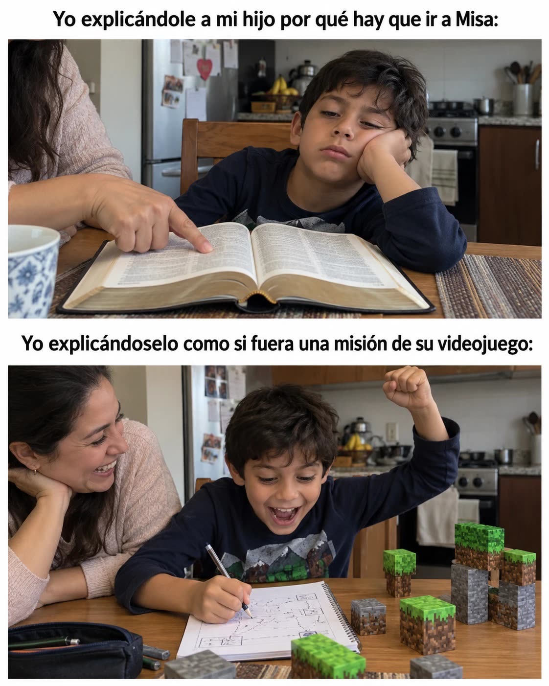Antes: el niño se aburre con la explicación de por qué ir a Misa. Después: el mismo niño emocionado con su misión de fe
