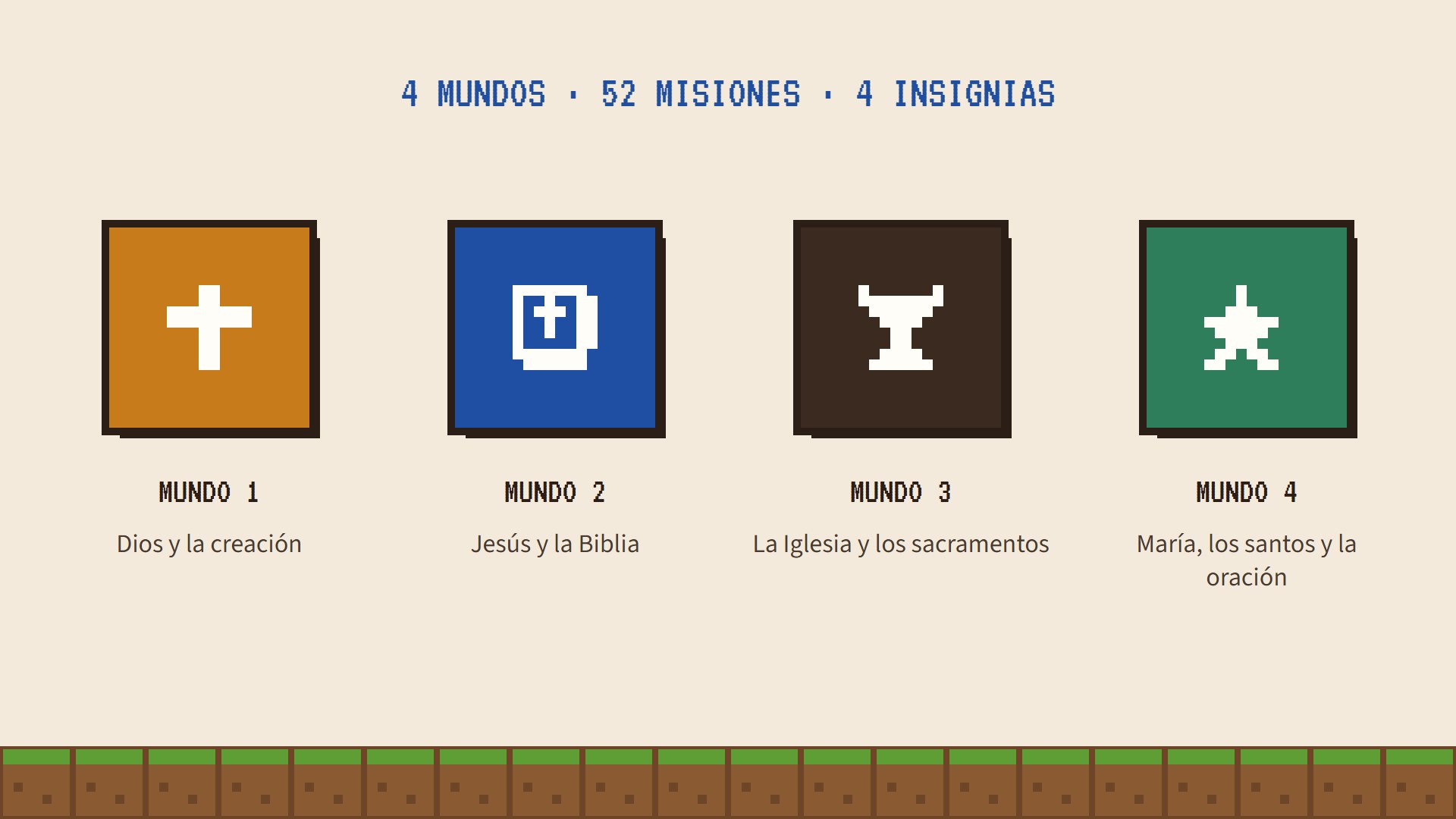 Las 4 insignias: Dios y la creación, Jesús y la Biblia, la Iglesia y los sacramentos, María y los santos